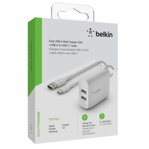 Belkin - Cargador de pared - 24 vatios - 4.8 A - 2 conectores de salida (2 x USB) - en el cable: USB-C