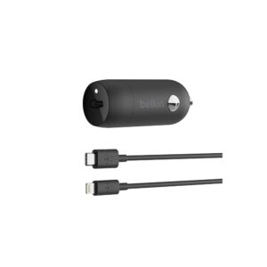 Belkin - Adaptador de corriente para el coche - 20 vatios - 3.6 A - PD (24 pin USB-C) - en el cable: Lightning - negro