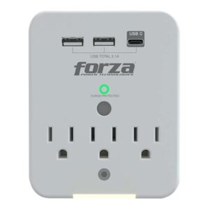 Forza FWT-331USBC - Protector contra sobretensiones (montaje en pared) - CA 125 V - 1875 vatios - conectores de salida: 3 - blanco